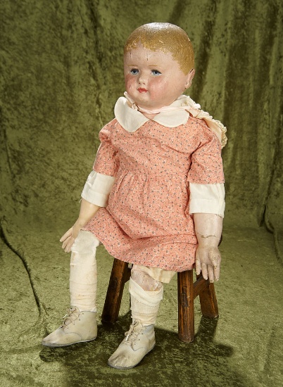 32" Grand size painted stockinette child by Martha Chase with worn paint , knee repairs.