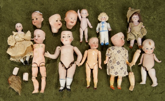 4"- 8" Lot of assorted small German bisque and all-bisque dolls, parts and bisque heads.