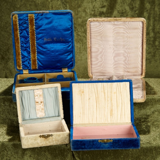 5.5"- 8.5"  Group of antique velvet covered presentation boxes for jewelry or doll trousseau boxes.