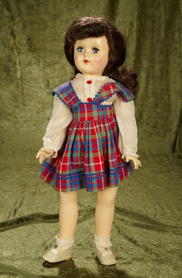 20" Brunette Toni in red plaid pinafore, with original paper tag