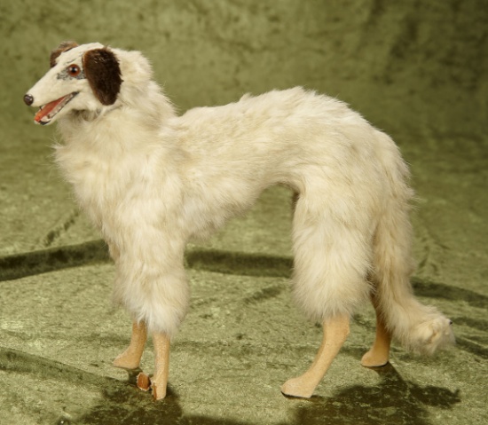12"l. French borzoi dog with amber glass eyes, rare large size, dusty