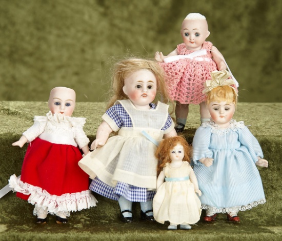 3-6"  Lot of German all-bisque dolls, glass eyes including a Kestner with paper label.