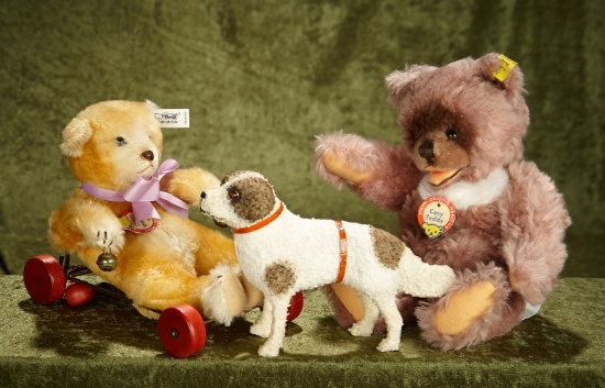 6-12"  Pair of vintage Steiff animals and a German paper mache dog.