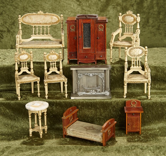 3.5-5"  Lot of German dollhouse furniture for parlor and bedroom.