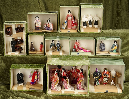 3-5" Lot of Eleven miniature Japanese Kyoto-Bijan in traditional costumes, original boxes.