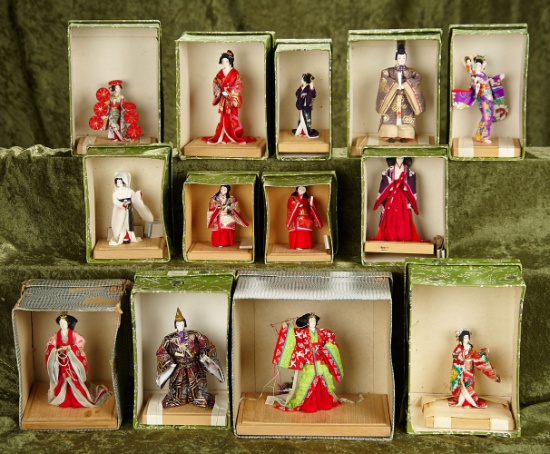 3.5-5"  Lot of Thirteen  miniature Japanese Kyoto-Bijan in traditional costumes, original boxes