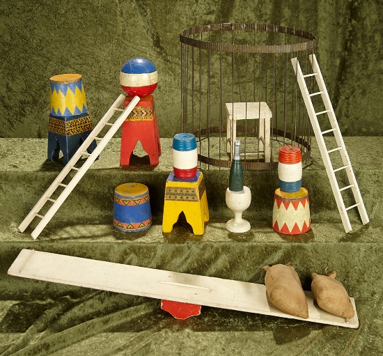 Various Schoenhut circus accessories, champagne bottle, pedestals, ladders, more.