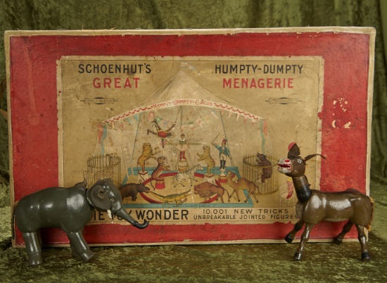 Wooden Schoenhut Circus Elephant and Donkey with original wooden circus box.