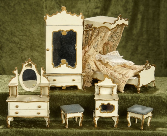 9.5" Bedroom suite of antique German wooden dollhouse furniture in cream and gold.