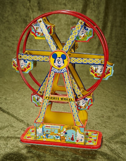 17" Vintage J. Chein tin lithograph key-wind Disneyland Ferris Wheel toy, working