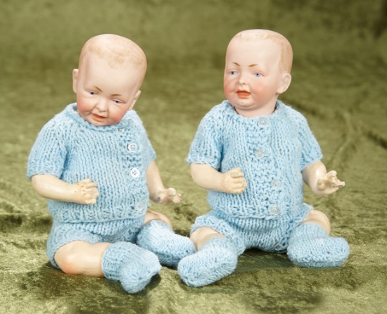 10" Twin German bisque character babies by Fritz Bierschenk with great facial painting.