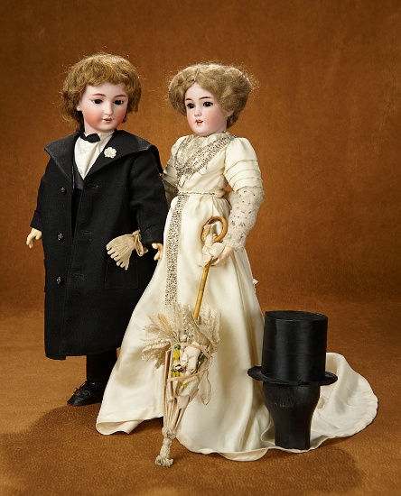 An Elegant and Fashionable German Bisque Lady and Gentleman in Original Evening Garb 3300/3800