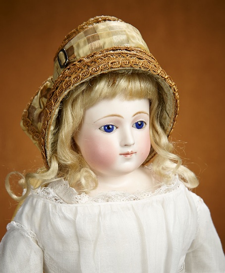 Very Beautiful French Bisque Poupee with Cobalt Blue Glass Eyes and Superb Costume 1800/2500