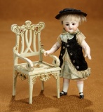 Rare German All-Bisque Miniature Doll in Antique Costume, with Chair 1100/1300