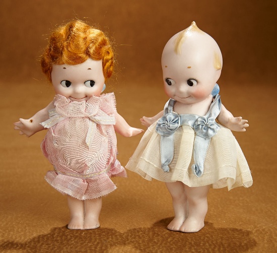 Pair, German All-Bisque Kewpies Glancing at Each Other 400/500