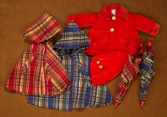 Two Plaid Raincoats and Matching Umbrellas, Red Velvet Coat and Cap 300/400