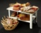 Tinplate Table with Assortment of Carved Wooden Meats, and Basket of Wooden Ducks 600/900