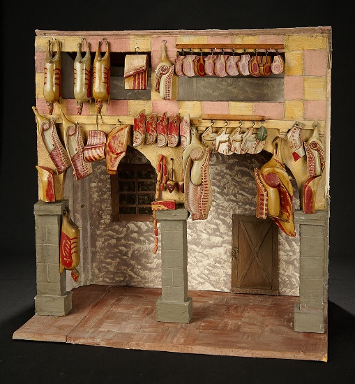 Collection of Carved Wooden Butcher Shop Victuals in Shop Setting 800/1000