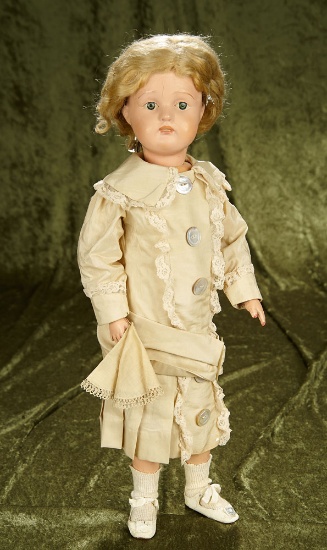 22" American wooden girl by Schoenhut with nice original paint and original shoes (worn).
