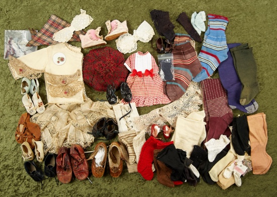 Lot of antique and vintage doll and child socks, shoes and accessories.
