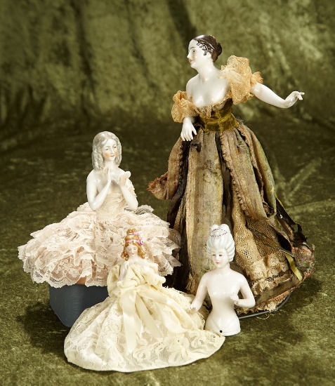 5"-12" Group of German porcelain half-dolls with arms away including a Dressel & Kister.