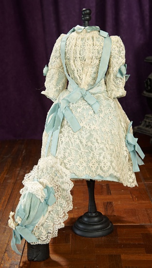 Late 19th Century Aqua Silk and Lace Costume and Bonnet 800/1200