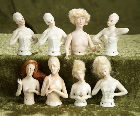 3" Group of German porcelain and bisque wigged style half-dolls.