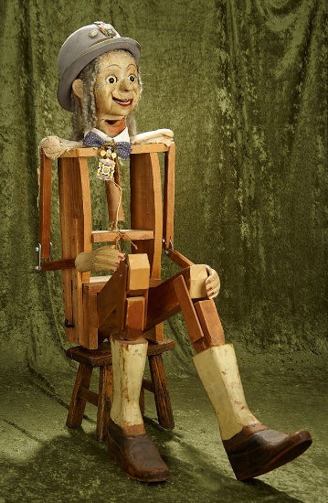 56" Large antique hand-carved folk art wood ventriloquist doll with fully jointed body.