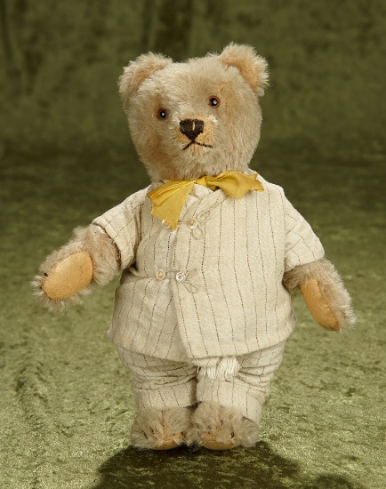 9.5" Beige mohair teddy bear with glass eyes and belly squeaker.