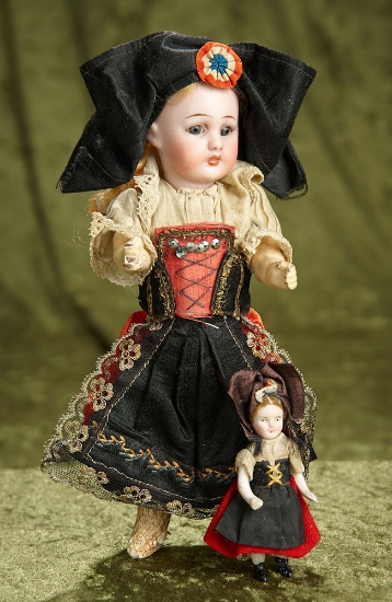 7.5" German bisque 1079 by Simon & Halbig in Alsatian costume with matching tiny doll.