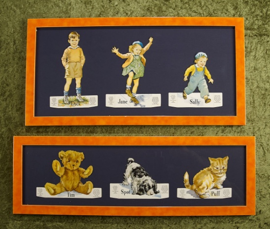 31" Pair of framed Mid-Century 1940's "Dick & Jane" cut-out, stand-up characters.