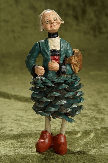 10" Rare Becassine with distinctive pine-cone skirt, jointed arm. $400/500