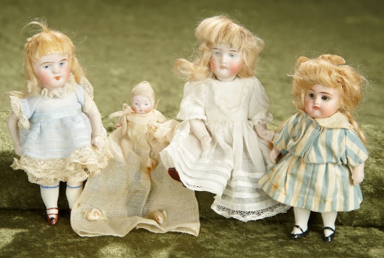 5" Three German all-bisque miniature dolls, original mohair wigs $600/800