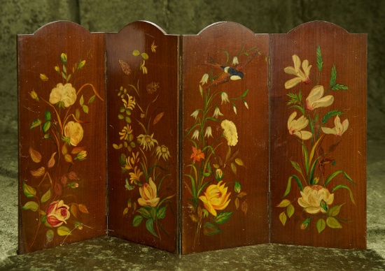 Fine 13" French fruitwood four panel folding screen, hand-painted floral garlands. $600/900