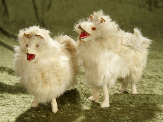 6" Pair, French paper mache/white fur display borzoi dogs. $400/500