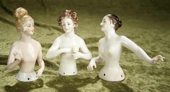 Three beautiful 5" German porcelain nude half-dolls with extended arms. $500/700