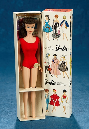 Brunette Ponytail Barbie, #6, Original Box with Wrist Tag, Booklet with Shoes, Stand, 1962 $400/500