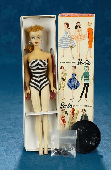 Blonde Ponytail Barbie, #1, Orig Swim Suit, Shoes, Stand, Earrings, Booklet, Box 1958/9 $4500/6000