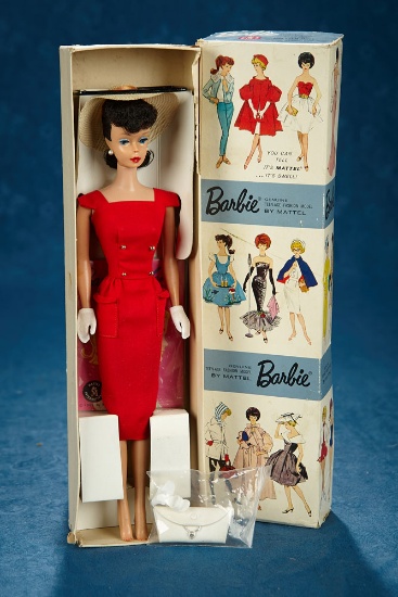 Brunette Ponytail Barbie #5 Dressed Doll in "Red Sensation", Original Dressed Box, 1961 $700/900