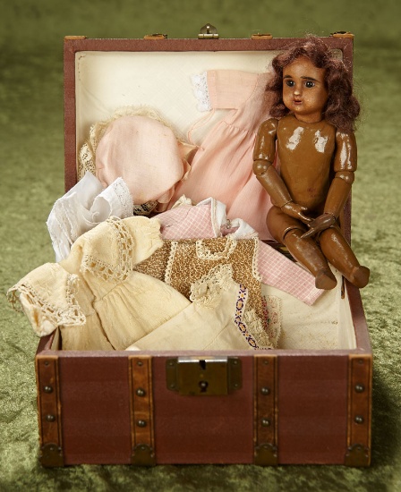 9" Petite French brown-complexion bisque Bebe Steiner in trunk with costumes. $1600/1900