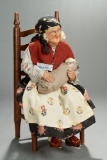 French Stockinette Doll by Ravca, Village Woman with Baby, 1939 World's Fair Label 500/700