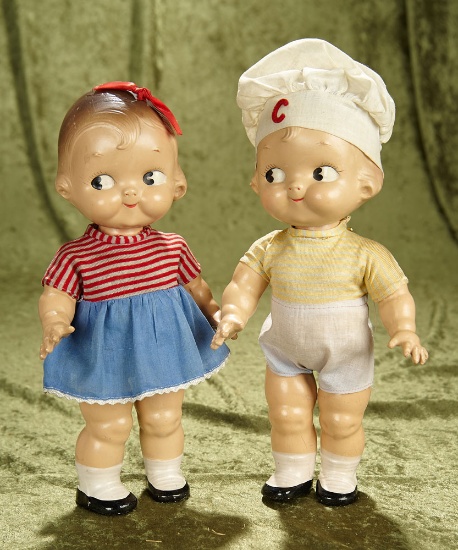 12" Pair of vintage composition Campbell Kids with good paint and outfits.