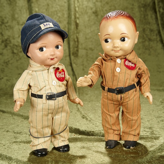 12.5" Pair of plastic and composition Buddy Lee dolls in Coca Cola uniforms.
