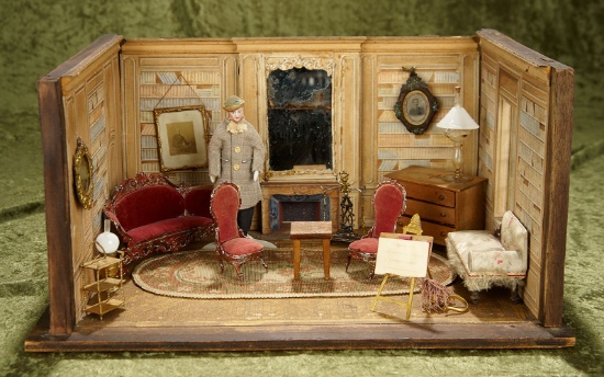 15"w. Early furnished Biedermeier miniature doll room with unusual "library" wall papers. $600/800