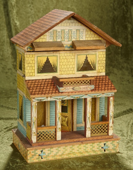 17" American wooden dollhouse by Bliss with original lithographed papers. $1100/1300