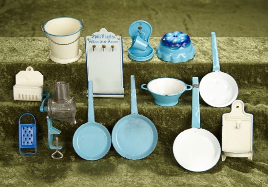 5"l. meat grinder. Large lot of German blue enamelware and kitchenware. $500/700