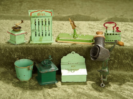6"l. meat grinder. Seven German tinplate and iron miniature kitchen accessories. $500/600