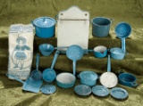 Large Lot of German blue enamelware for doll and dollhouse kitchens. $400/500