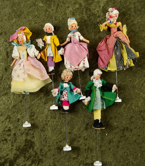 Six 3"-5" German cloth theatre dolls in Rococo style by BAPS, original costumes. $300/400