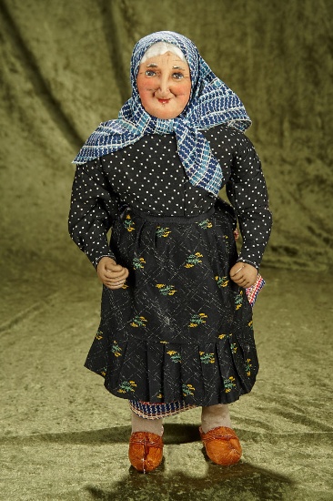 18" French stockinette doll of village lady by Bernard Ravca, rare costume. $400/500